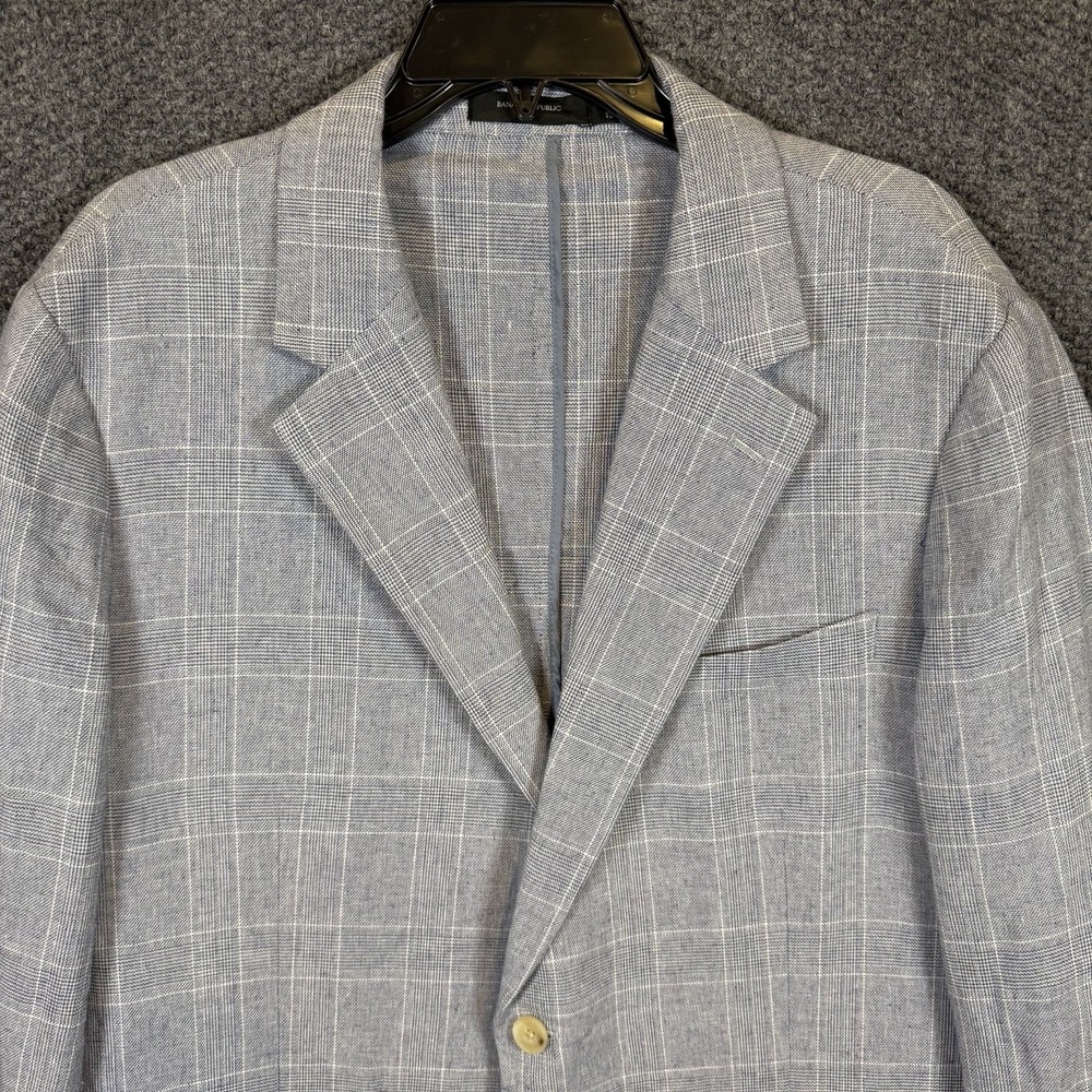 Banana Republic Blazer Mens 46R Tailored Fit Linen Blend Blue Glen Plaid
